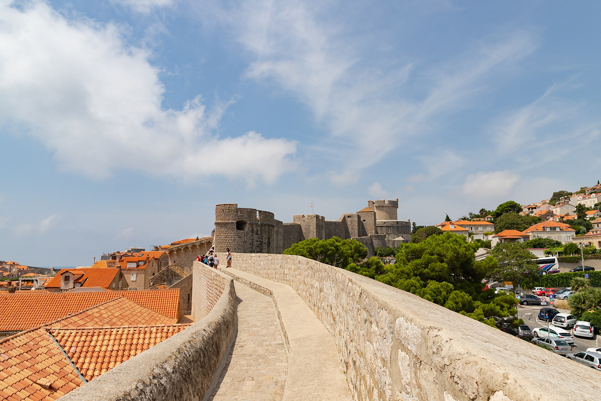 The city walls of Dubrovnik looking towards the Minceta Tower on a clear summer day