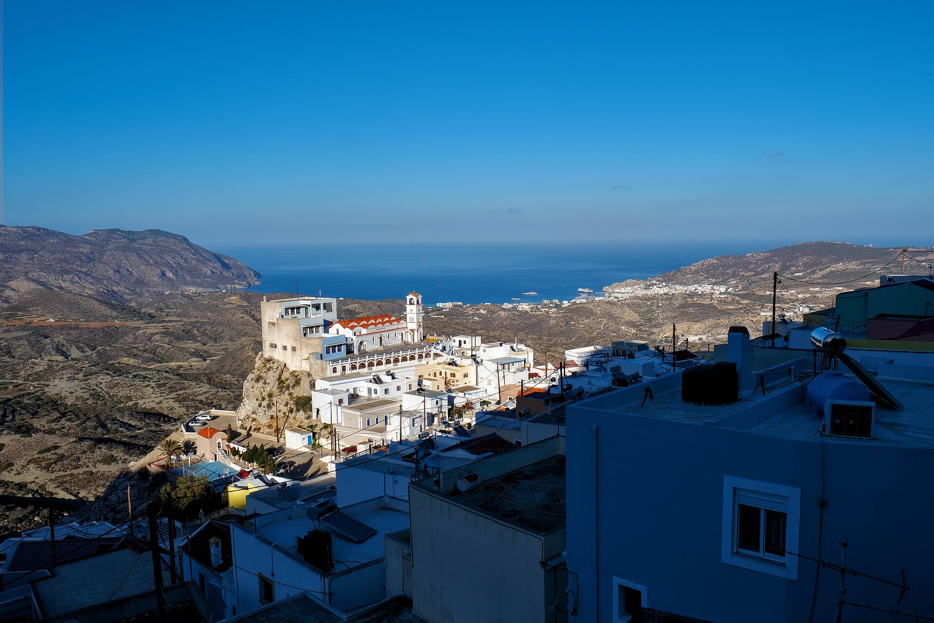 The hillside village of Menetes on Karpathos looking down towards the harbour at Pigadia