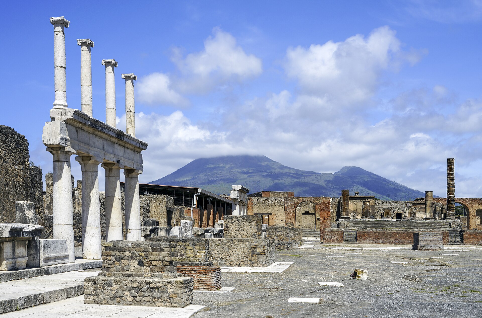 The Forum at Pompeii with Mount Vesuvius behind, reached independently from the Naples cruise port